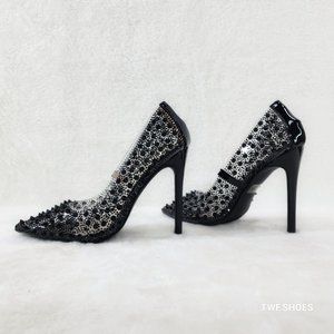 Spicy Stiletto PVC Clear Pumps Black Spiked Studs & Rhinestone Pumps High Heels